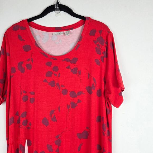 LOGO by Lori Goldstein‎ Cherry Red Floral Short Sleeve Midi Dress White Godet L - Picture 3 of 8